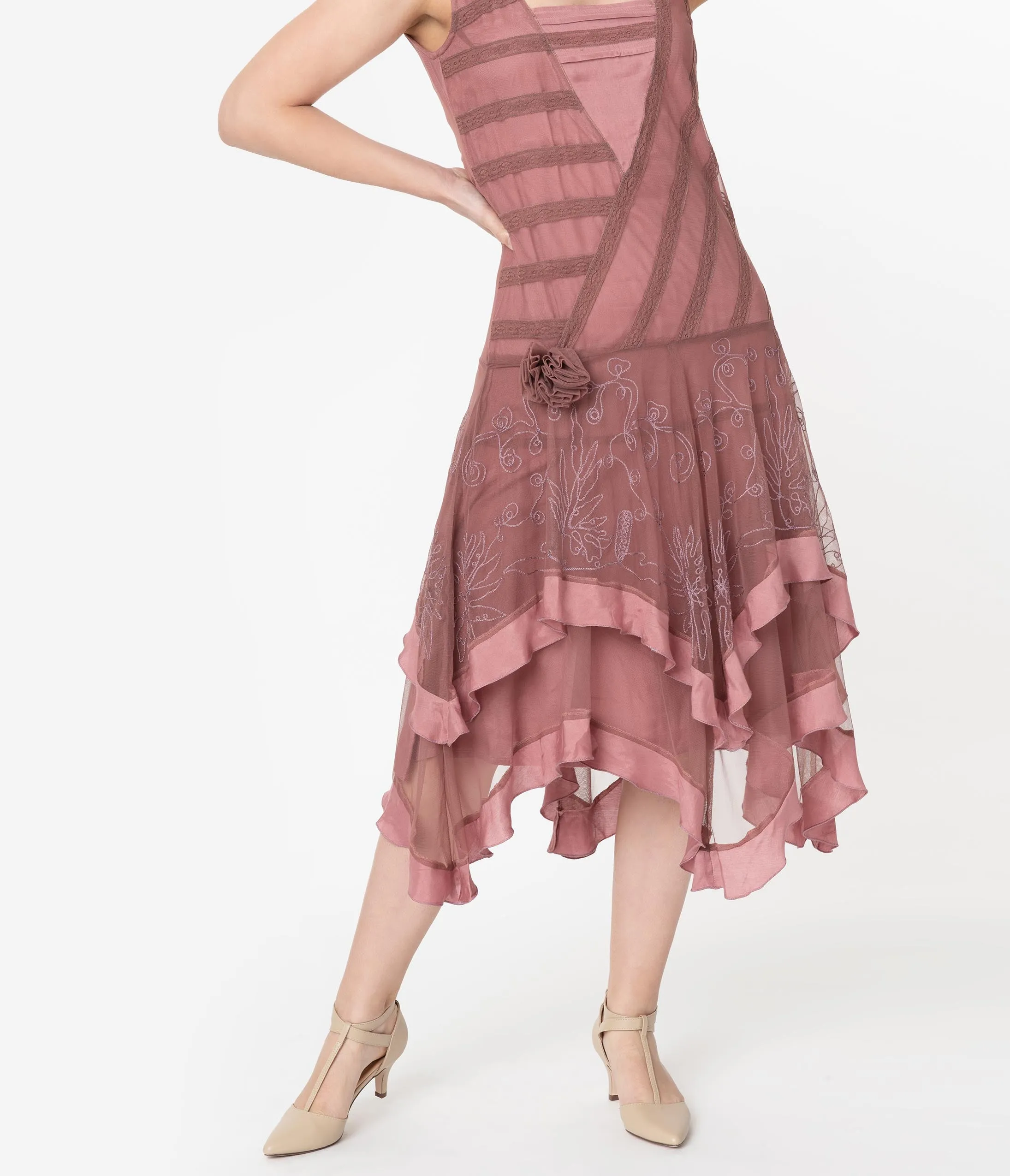 1920s Style Mauve Pink Mesh Embroidered Charley Flapper Dress