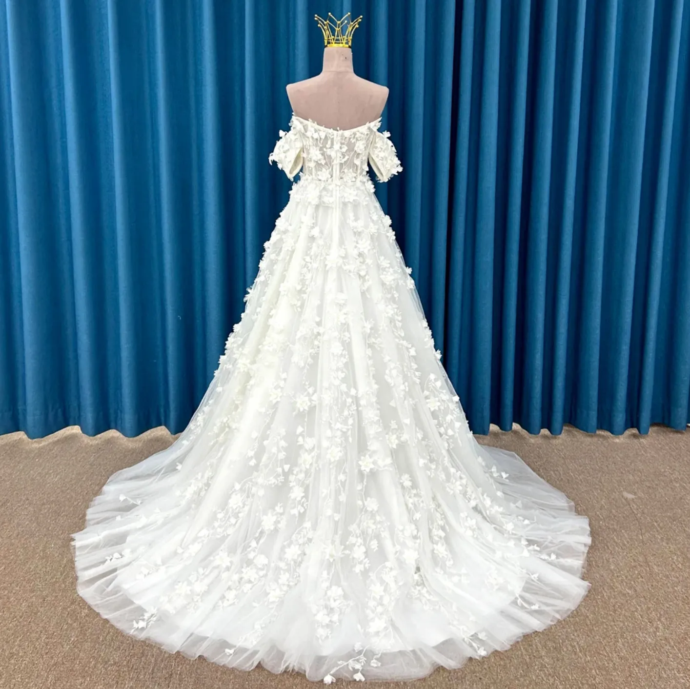 3D Floral A Line Court Train Boho Wedding Dress