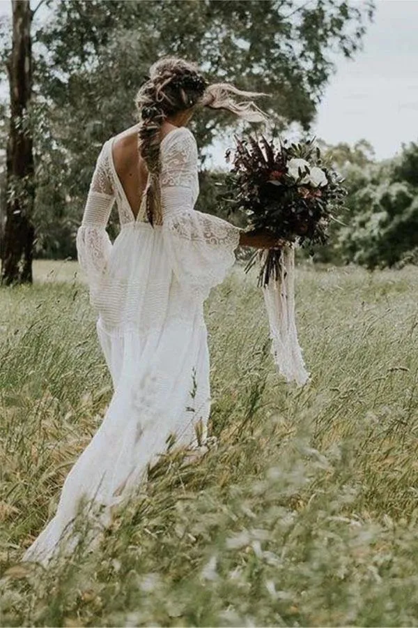 A-line Long Sleeve White Lace Wedding Dress Rustic Bridal Gown