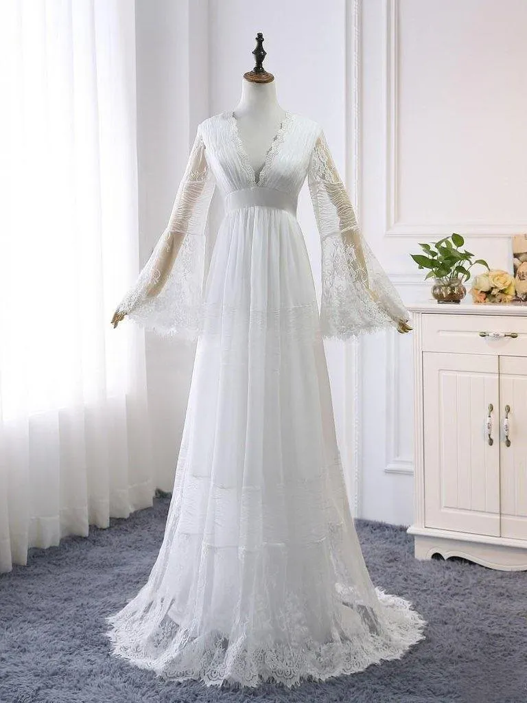 A-line Long Sleeve White Lace Wedding Dress Rustic Bridal Gown