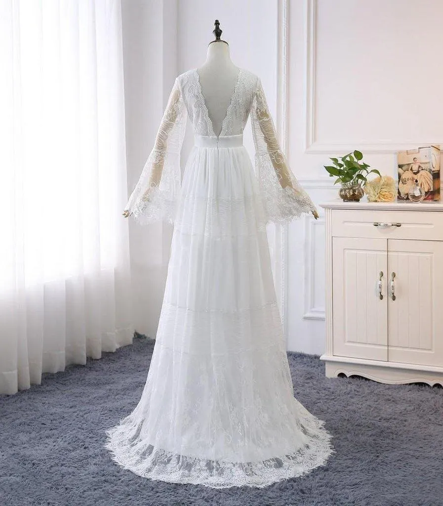 A-line Long Sleeve White Lace Wedding Dress Rustic Bridal Gown