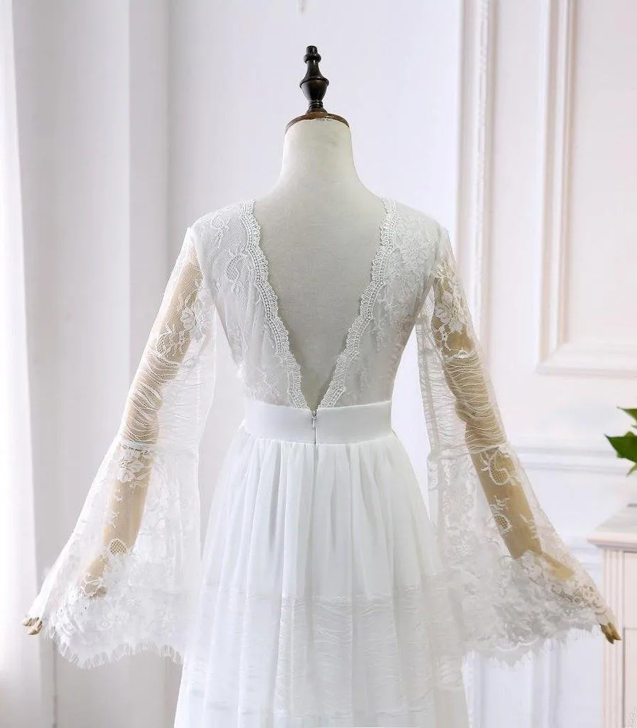 A-line Long Sleeve White Lace Wedding Dress Rustic Bridal Gown