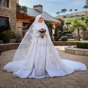 A-Line  Sweep Train High Neck Bridal Muslim Arabic Wedding Dress Elegant Bridal Gown