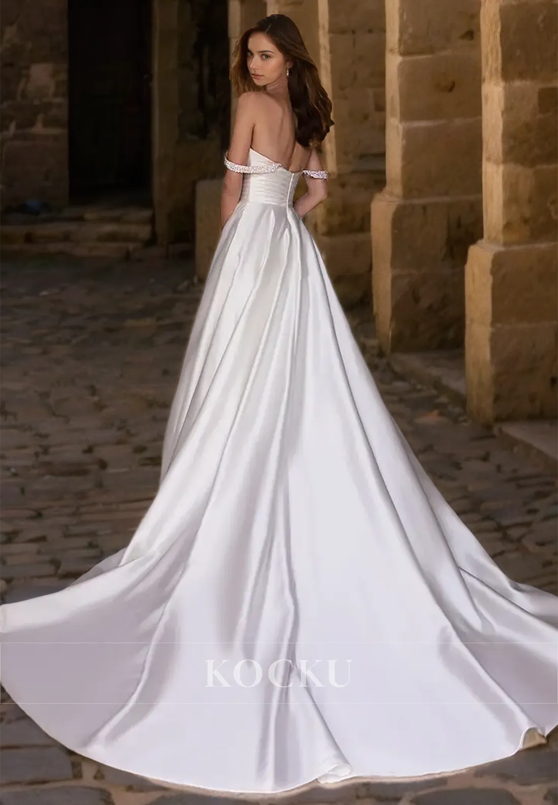 A-Line Sweetheart Straps Sleeveless Beads Ruched Satin Wedding Dress with Train Bridal Gowns