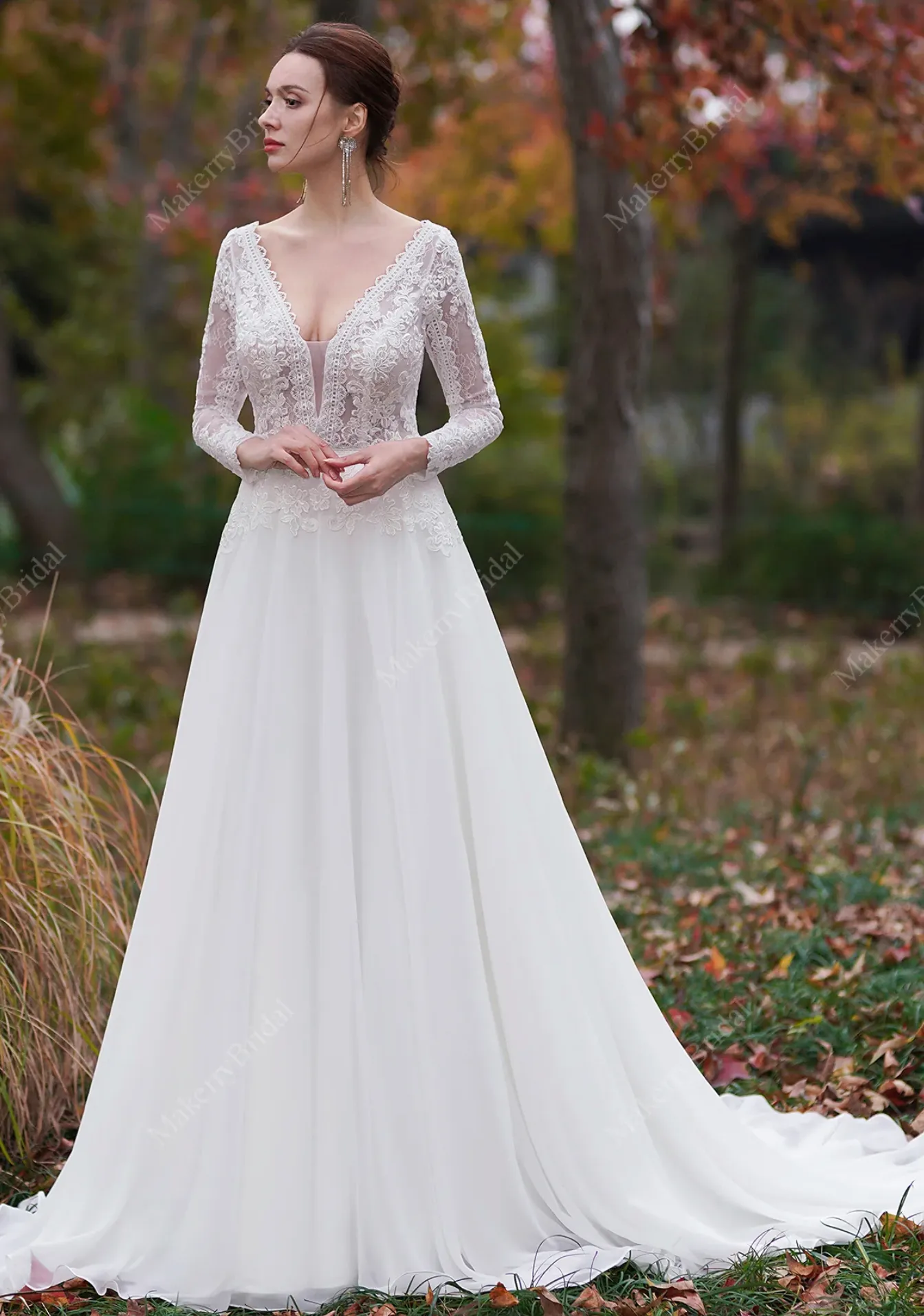 A-Line V-Neck Court Train Chiffon Wedding Dress