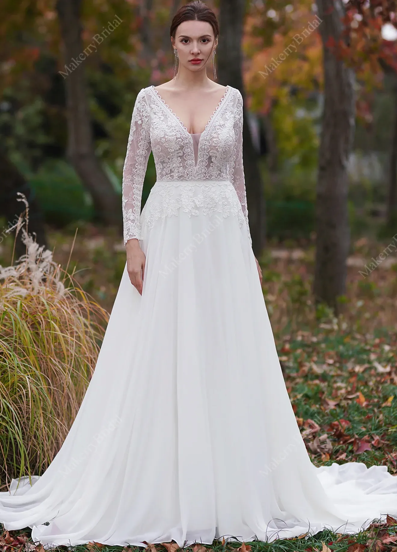 A-Line V-Neck Court Train Chiffon Wedding Dress