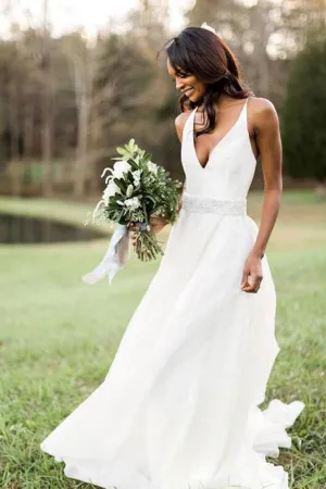 A Line White Chiffon Wedding Dress With Beading