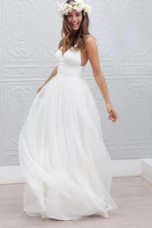 A Line White Tulle Wedding Dress Beach Bridal Gown