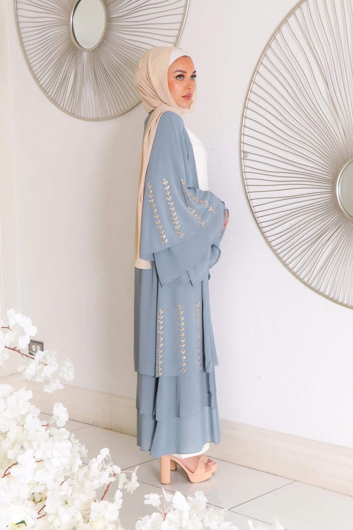 Amor Chiffon Layered Abaya- Dark Dusty Blue