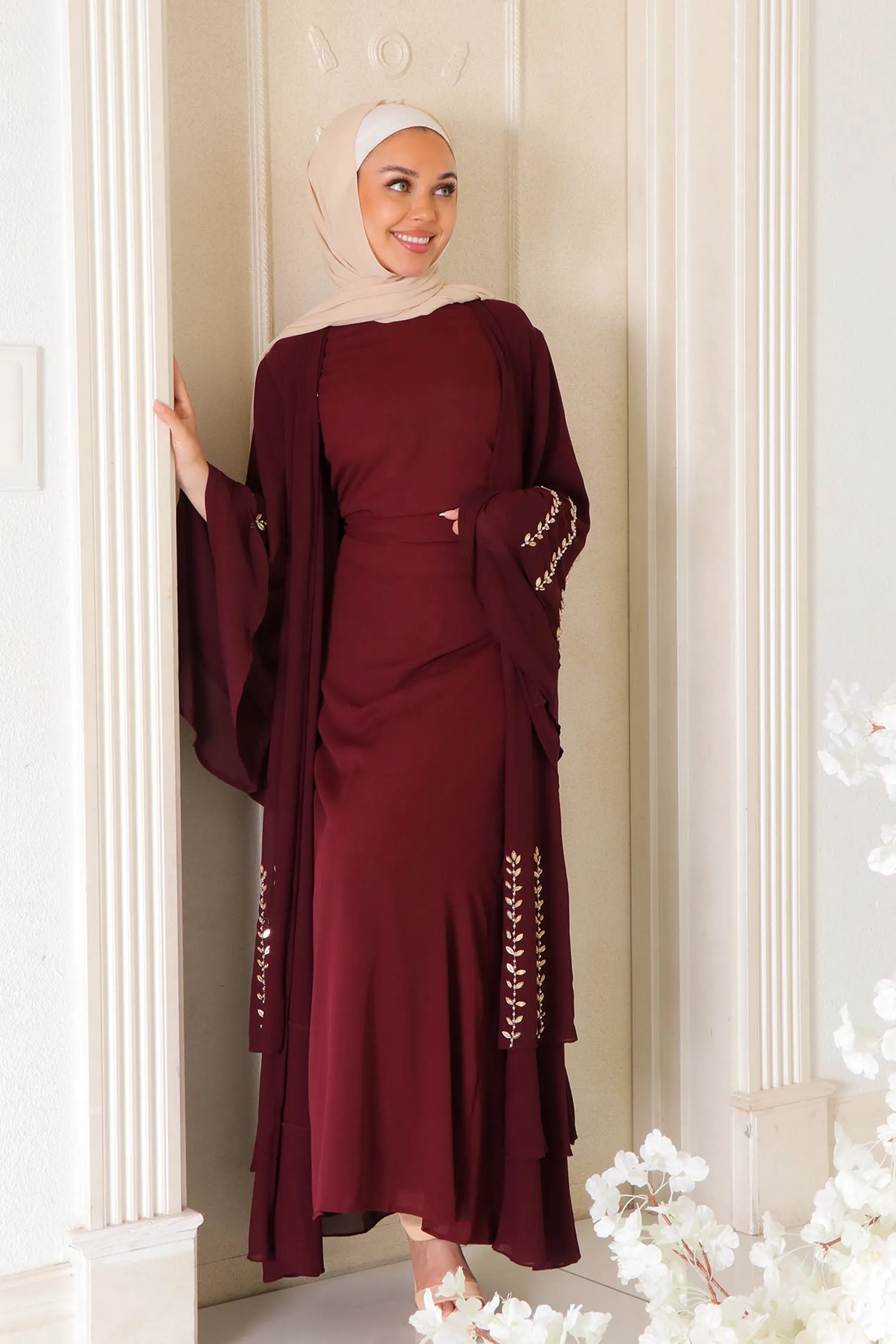 Amor Chiffon Layered Abaya- Mahogany