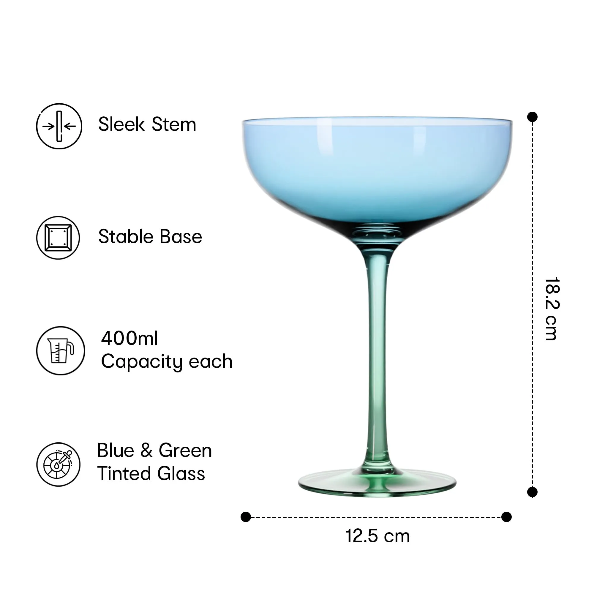 Anko Australia 400ml Dual Tone Champagne Coupe | Set of 4 | Cocktail Glass Set | Bar Accessories for Home, Restaurant & Parties | Suitable for All Occassions | Blue Green