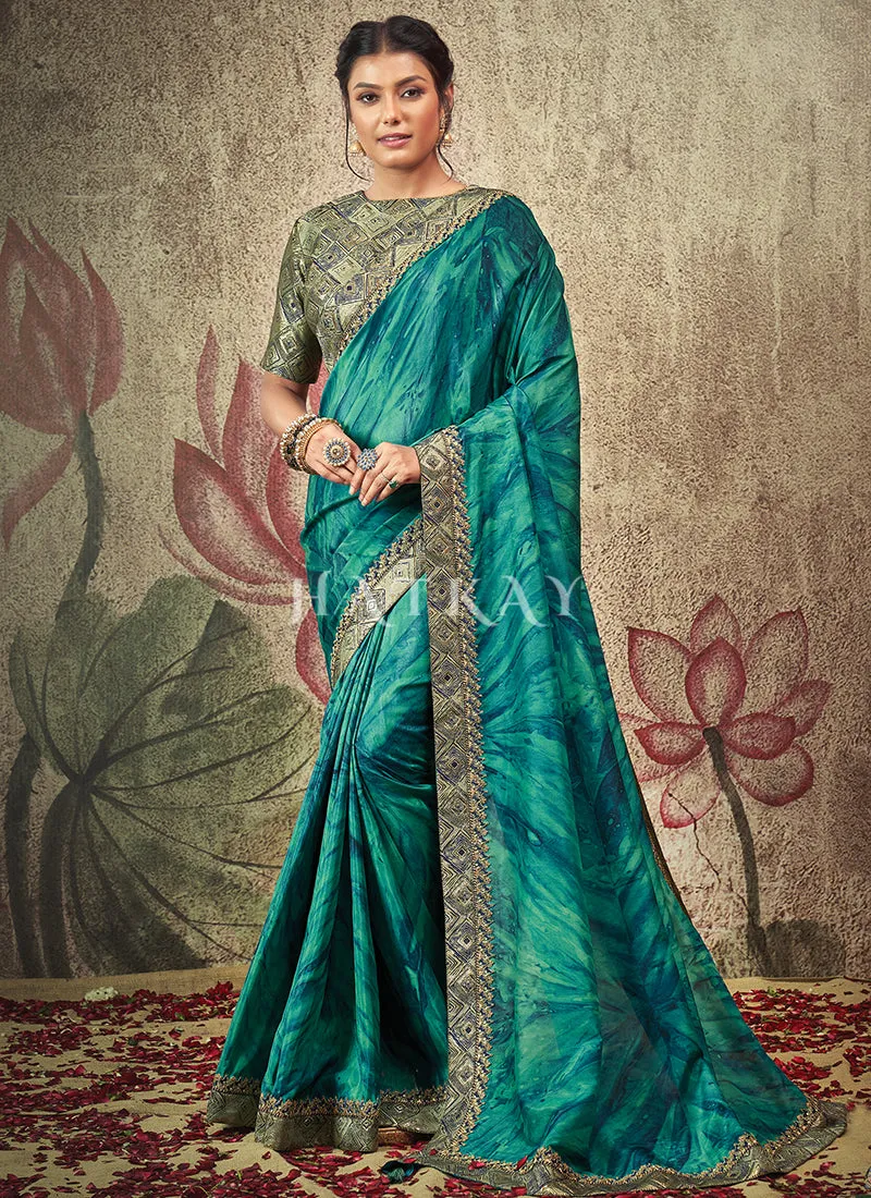 Aqua Blue Golden Embroidery Traditional Satin Silk Saree