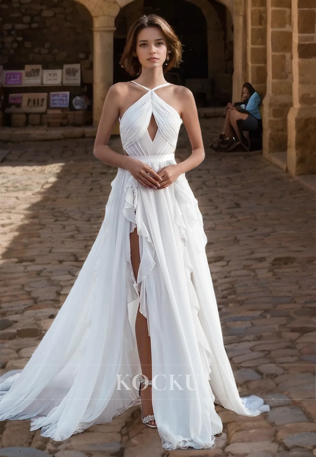 Asymmetrical A-Line Sleeveless High Slit Train Pleats Boho Wedding Dress Beach Gowns with Cut Outs