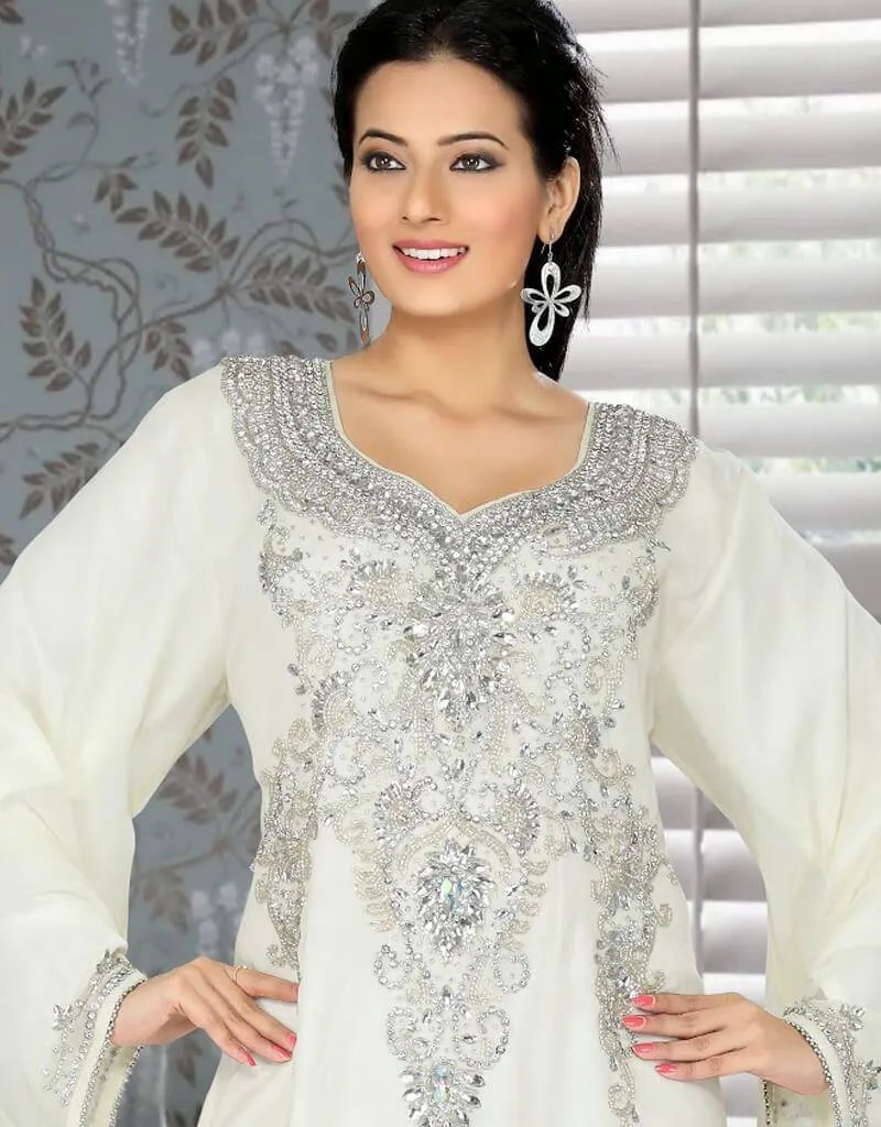 Attractive Embroidered Long Kaftan Dresses-White