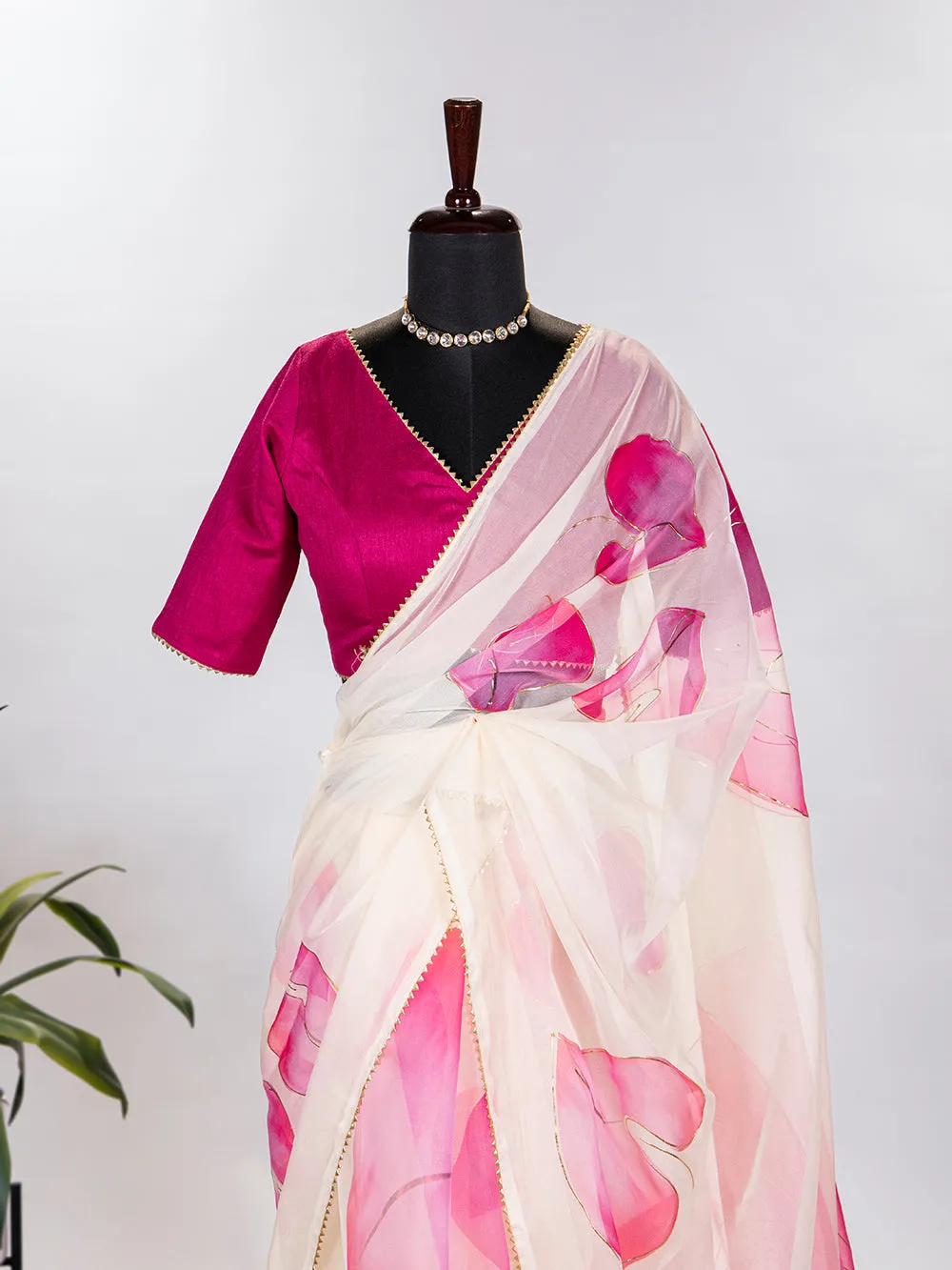 Baby Pink Color Floral & Foil Printed Organza Saree