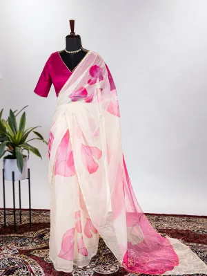 Baby Pink Color Floral & Foil Printed Organza Saree