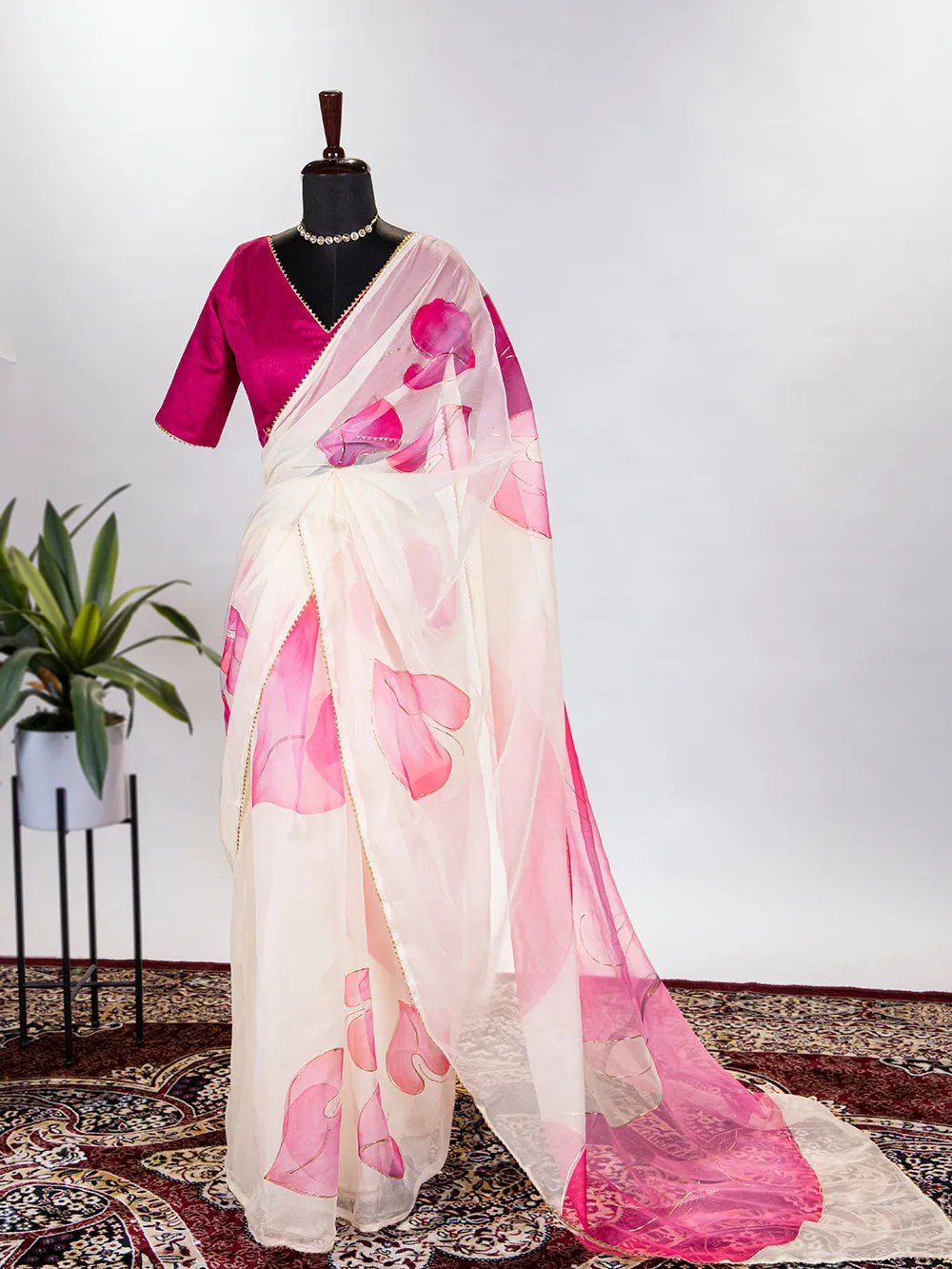 Baby Pink Color Floral & Foil Printed Organza Saree