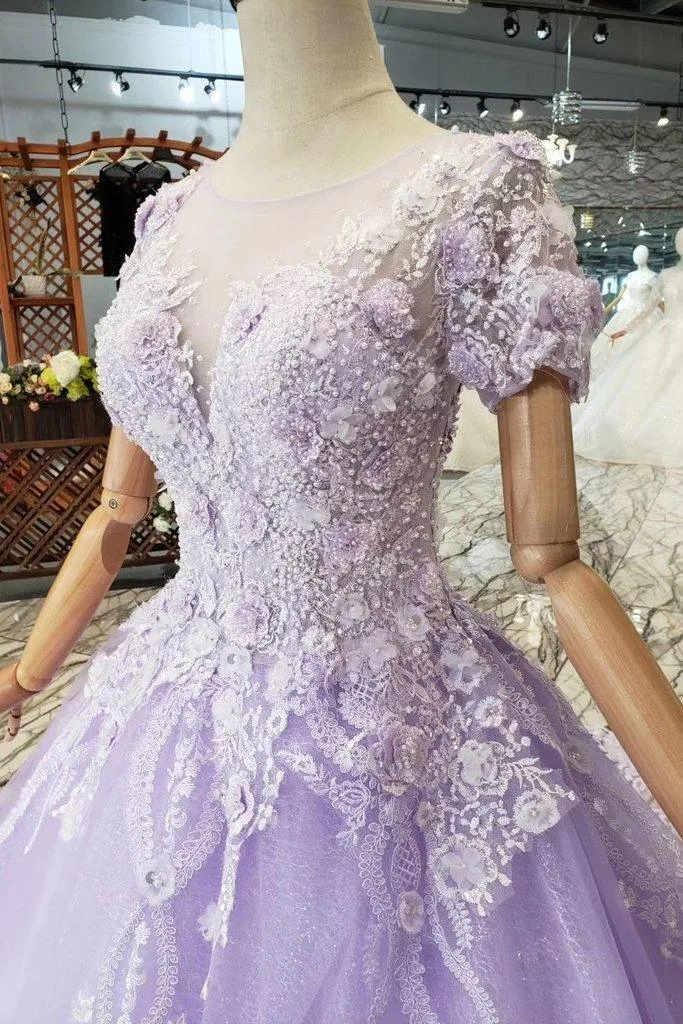 Ball Gown Lilac Short Sleeves Prom Dresses Wedding Dresses with Lace  PM244