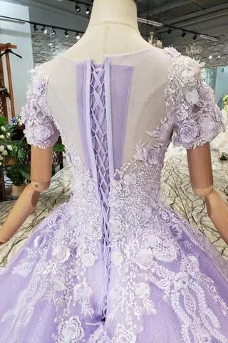 Ball Gown Lilac Short Sleeves Prom Dresses Wedding Dresses with Lace  PM244