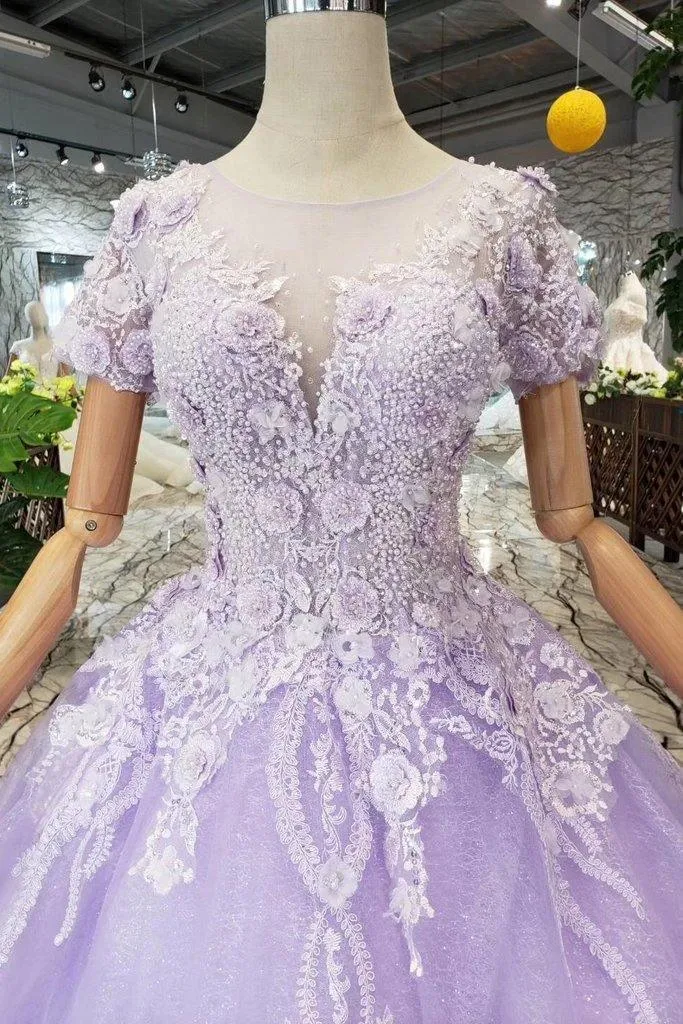 Ball Gown Lilac Short Sleeves Prom Dresses Wedding Dresses with Lace  PM244