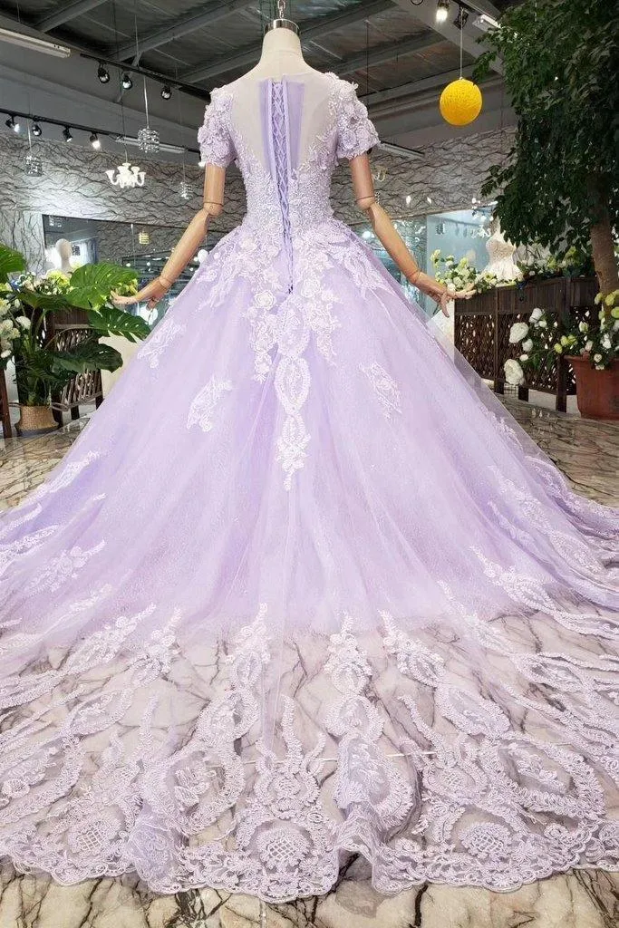 Ball Gown Lilac Short Sleeves Prom Dresses Wedding Dresses with Lace  PM244