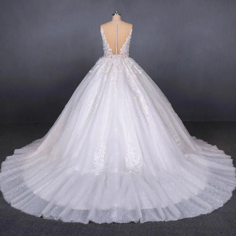 Ball Gown Sheer Neck Sleeveless White Wedding Dresses, Lace Appliqued Bridal Dress UQ2297