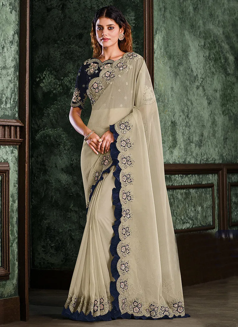 Beige And Blue Multi Embroidered Designer Saree