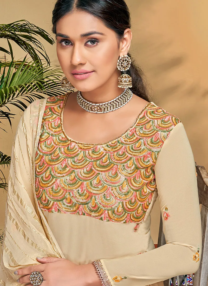 Beige Cream Multi Floral Embroidery Pant Style Suit