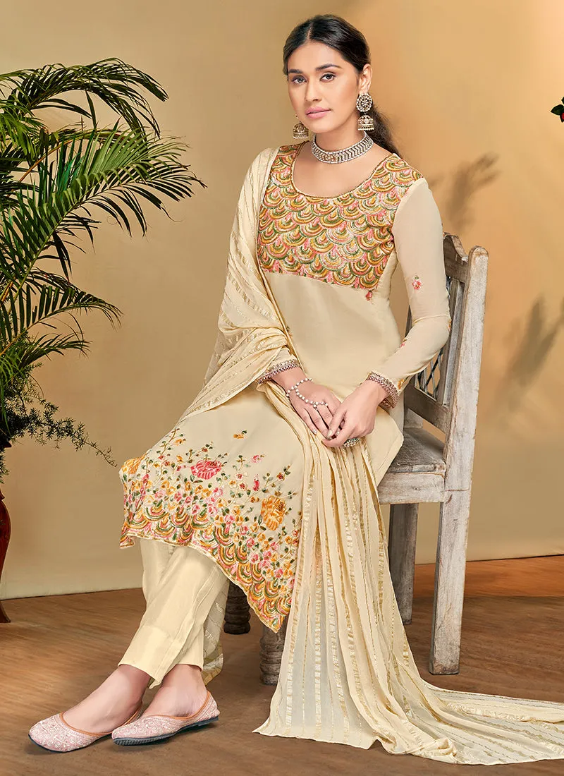 Beige Cream Multi Floral Embroidery Pant Style Suit