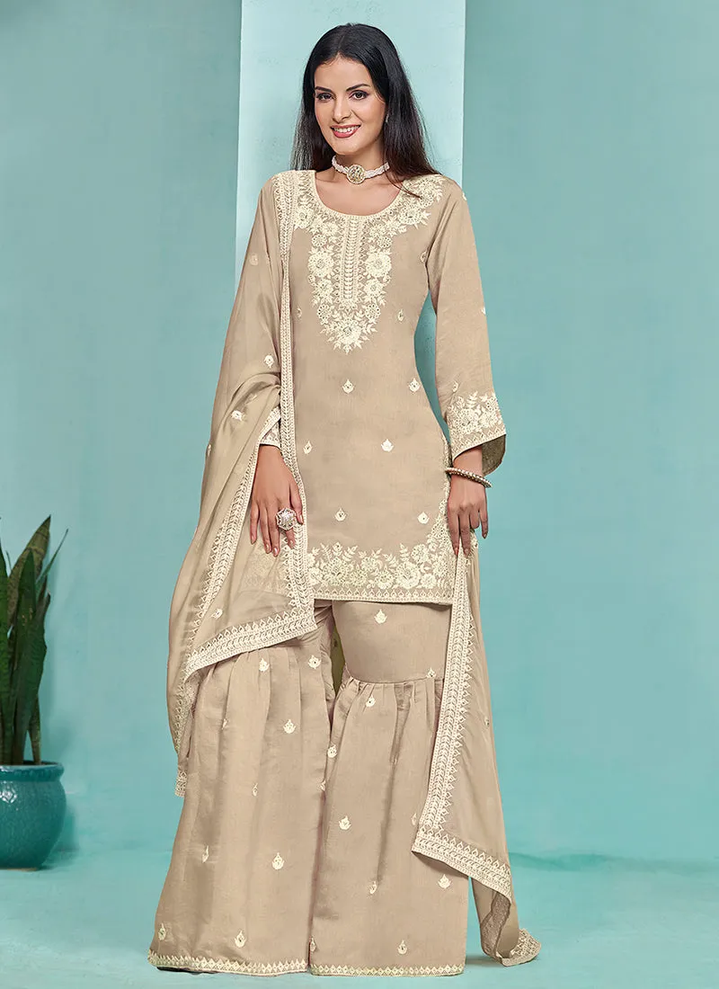 Beige Designer Embroidery Wedding Gharara Suit