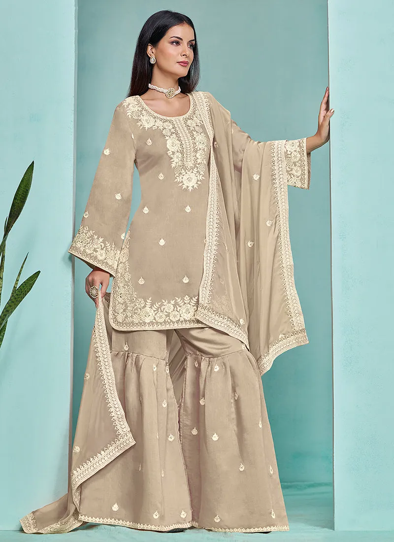 Beige Designer Embroidery Wedding Gharara Suit