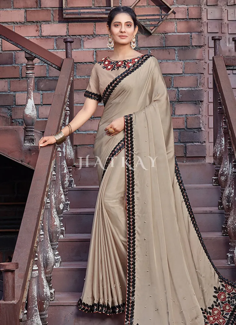 Beige Floral Traditional Silk Saree