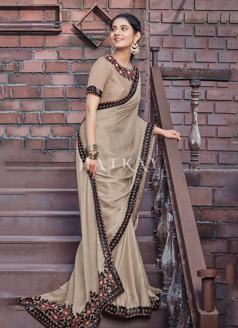 Beige Floral Traditional Silk Saree