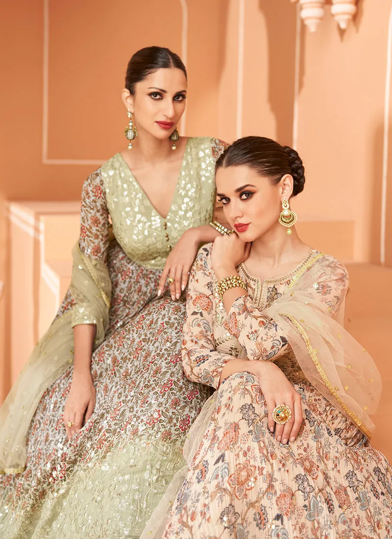 Beige Sequence Embroidery Floral Anarkali Suit