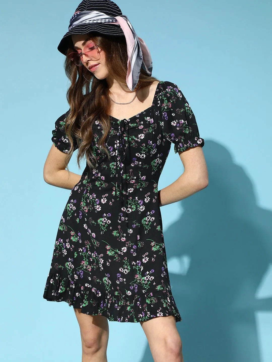 Berrylush Women Black & Green Floral Printed Sweetheart Neck Tie-Up Front Crepe Flared A-Line Mini Dress