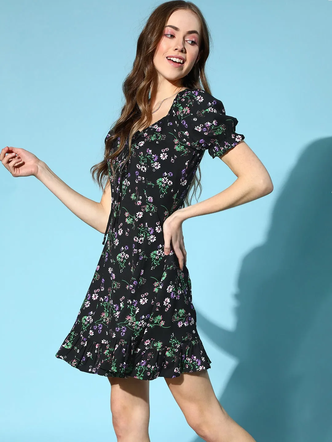 Berrylush Women Black & Green Floral Printed Sweetheart Neck Tie-Up Front Crepe Flared A-Line Mini Dress