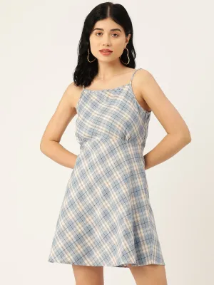 Berrylush Women Blue & White Check Printed Square Neck Crepe Flared A-Line Mini Dress