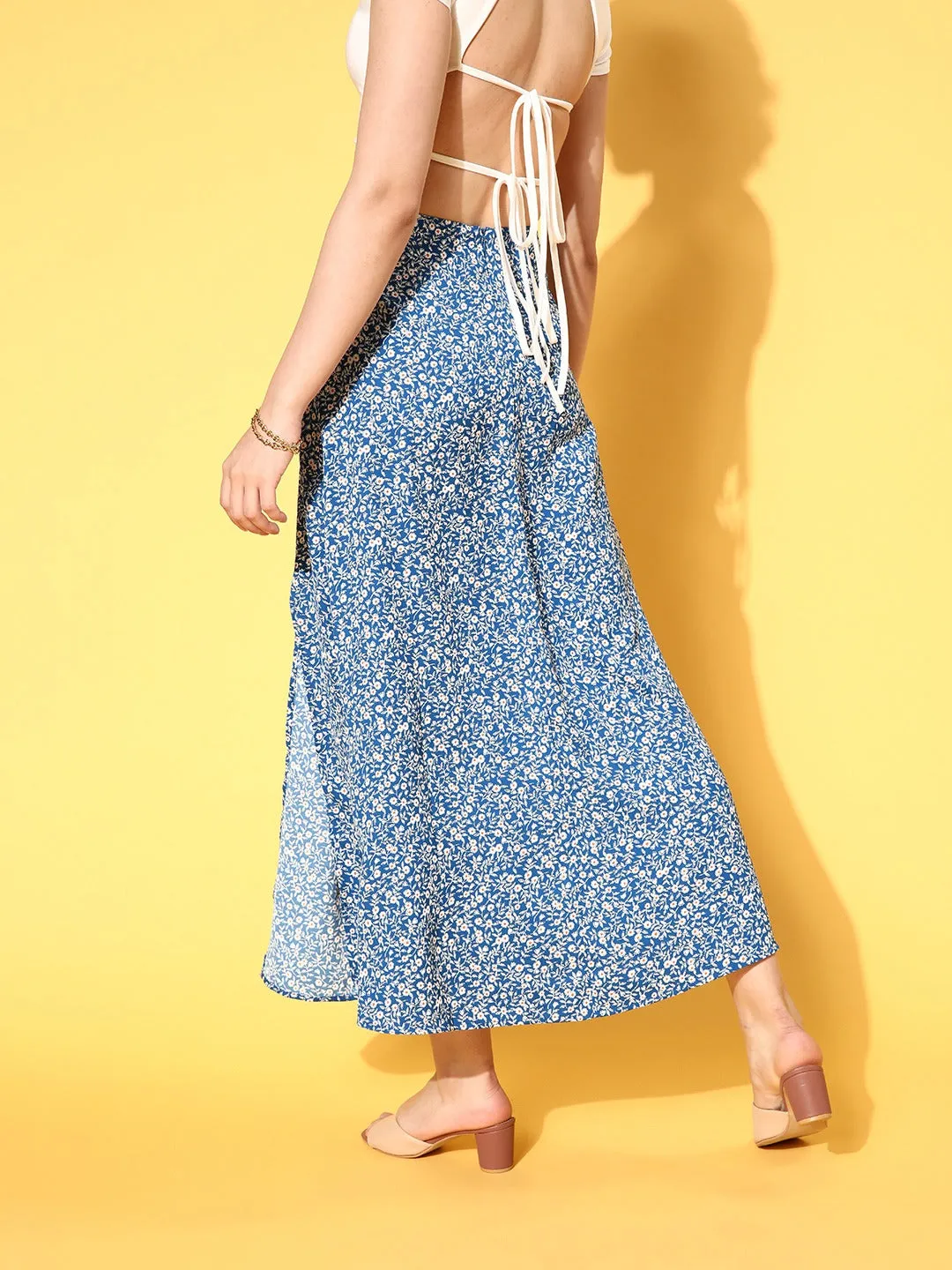 Berrylush Women Blue & White Ditsy Floral Printed High-Rise Waist Side-Slit Flared A-Line Maxi Skirt