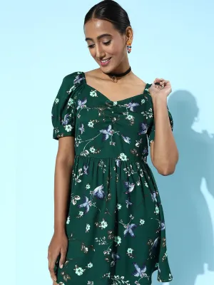 Berrylush Women Green & Blue Floral Printed Sweetheart Neck Flared Fit & Flare Mini Dress