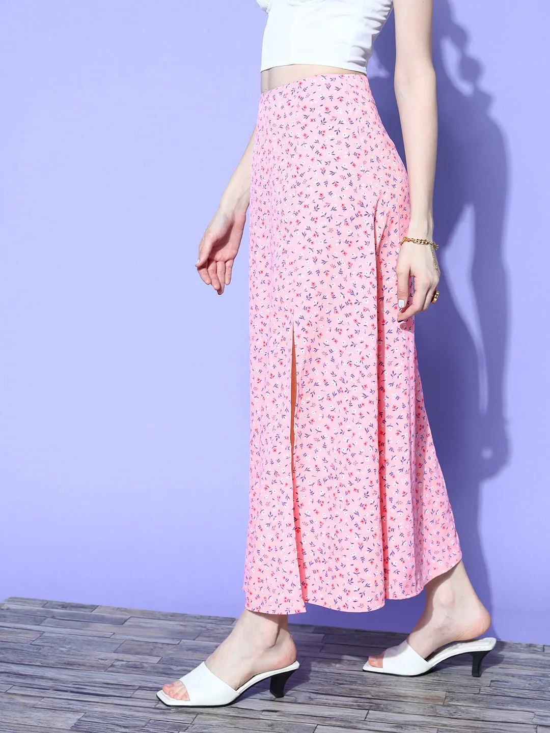 Berrylush Women Pink Floral Printed High-Rise Waist Side-Slit Flared A-Line Maxi Skirt