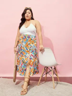 Berrylush Women Plus Size White & Multicolour Abstract Printed High-Rise Waist Thigh-High Slit Flared A-Line Midi Skirt