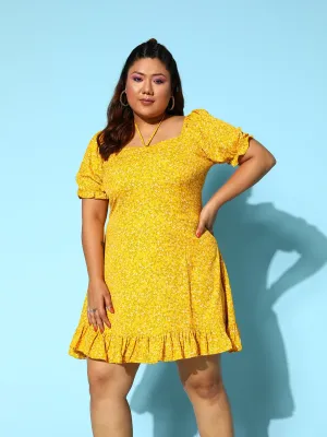 Berrylush Women Plus Size Yellow Floral Printed Square Neck Tie-Up Back Crepe Flared A-Line Maxi Dress