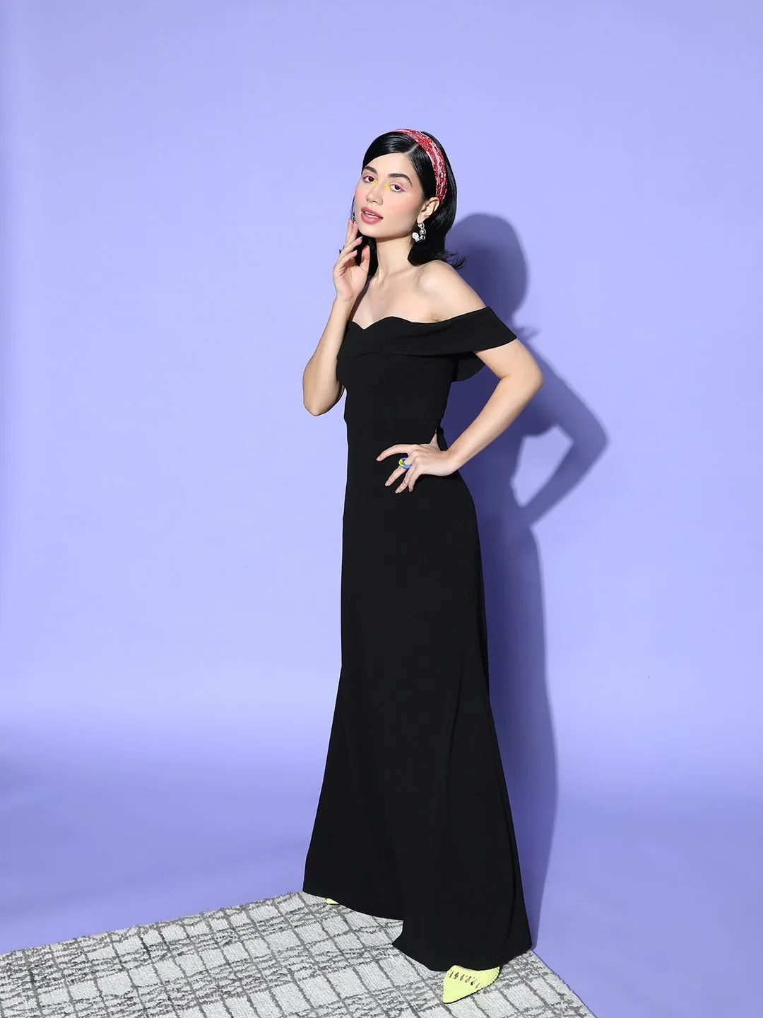 Berrylush Women Solid Black Off-Shoulder Neck Crepe Thigh-High Slit Flared A-Line Maxi Dress