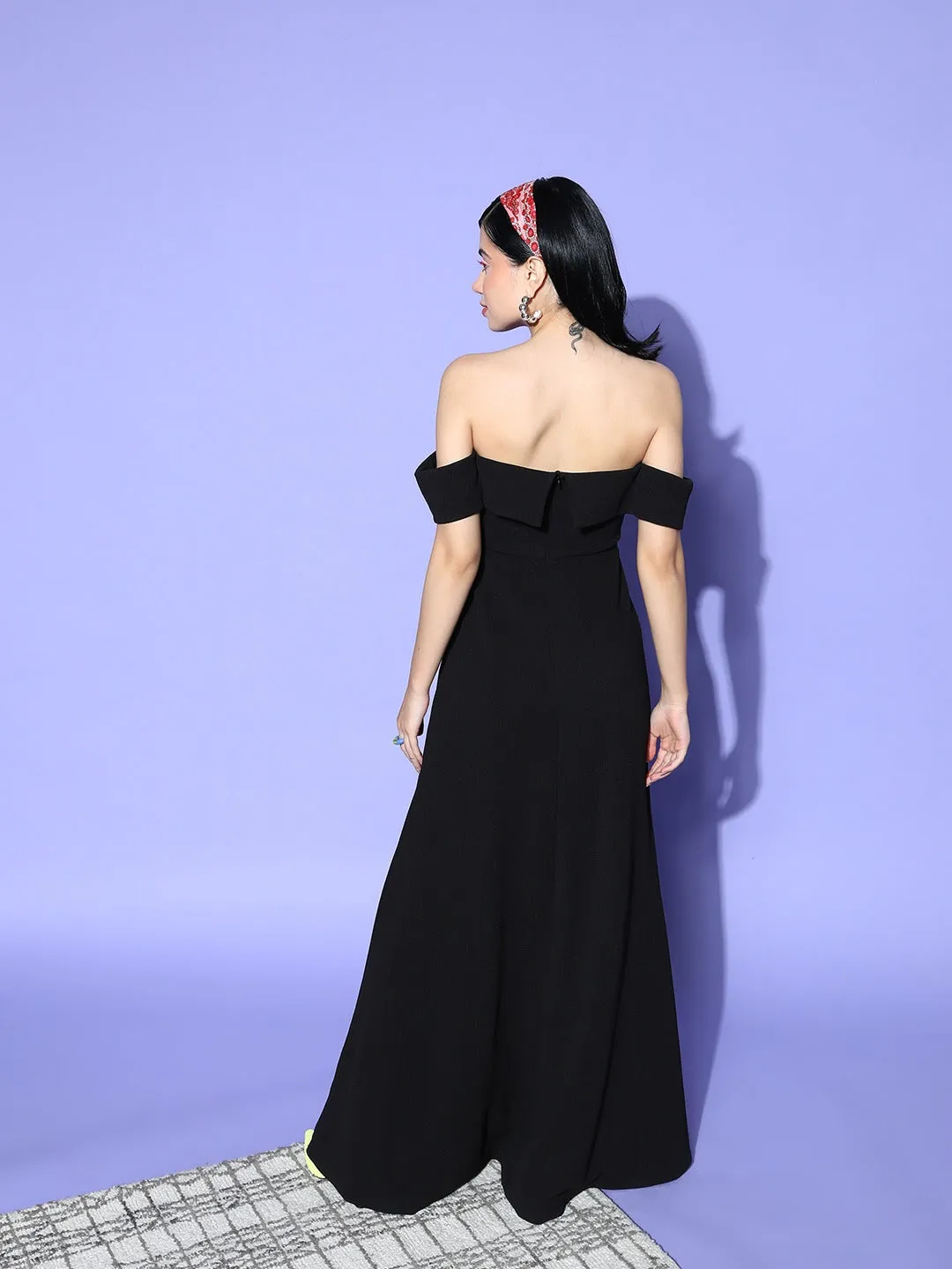 Berrylush Women Solid Black Off-Shoulder Neck Crepe Thigh-High Slit Flared A-Line Maxi Dress