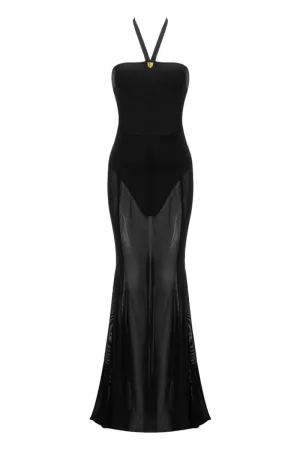 BLACK BODYSUIT GOWN WITH MESH SKIRT