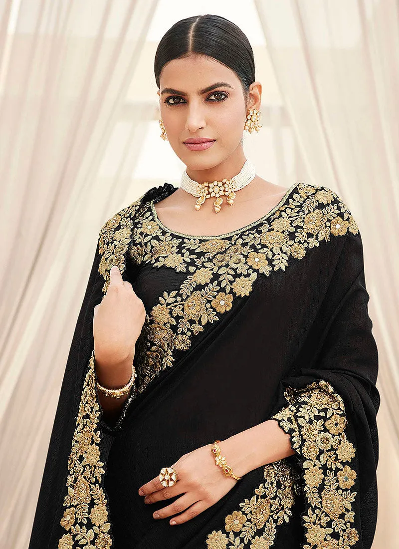 Black Golden Embroidered Designer Silk Saree