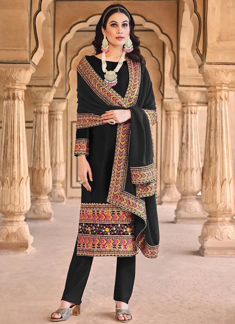 Black Multi Embroidered Velvet Pant Suit