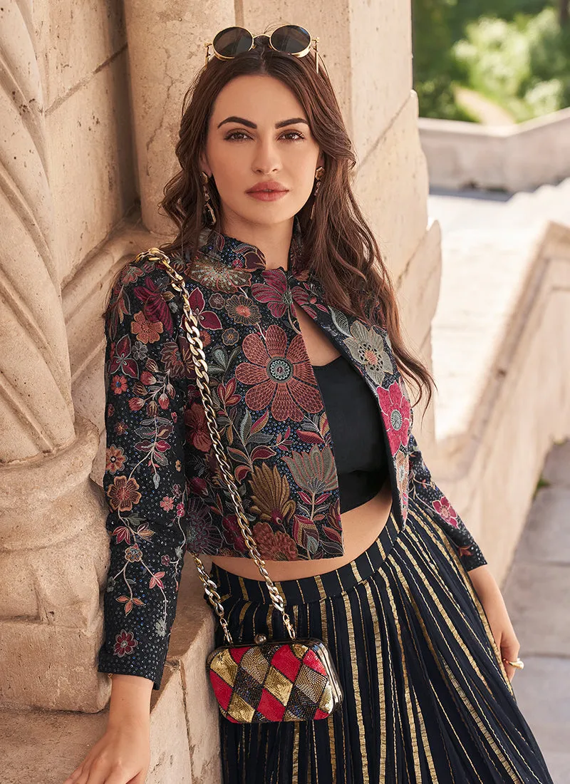 Black Multi Floral Embroidered Jacket Style Lehenga