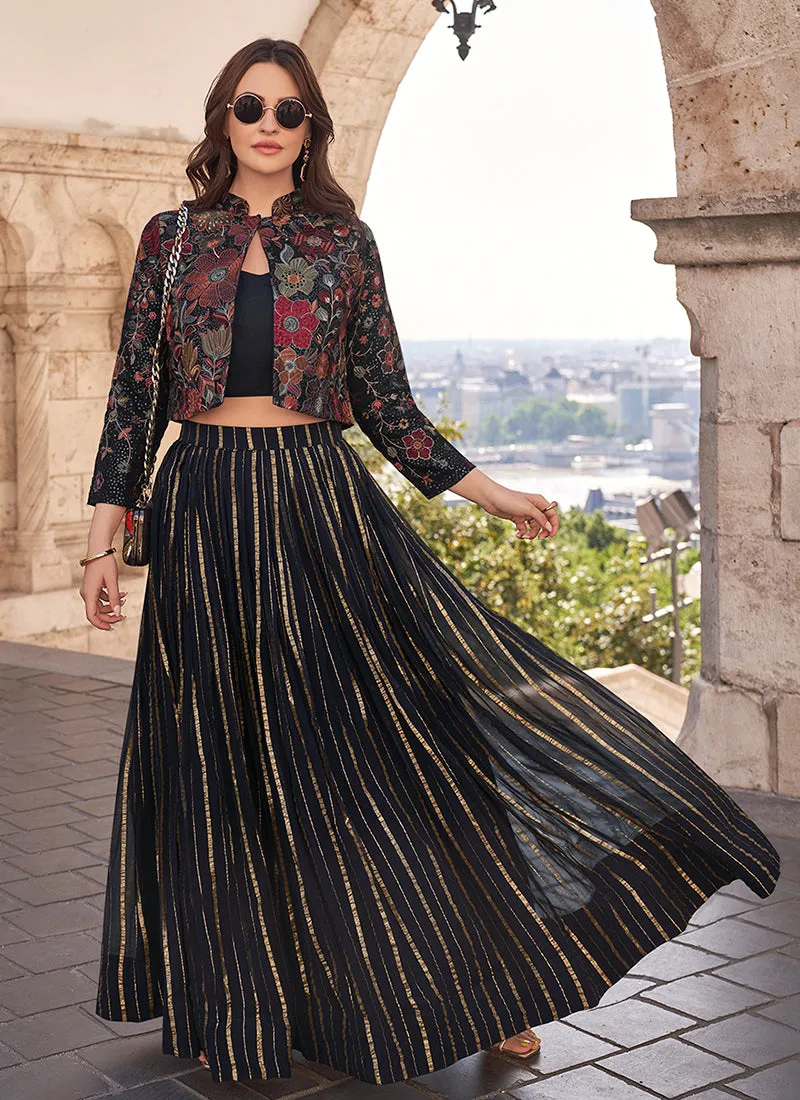 Black Multi Floral Embroidered Jacket Style Lehenga