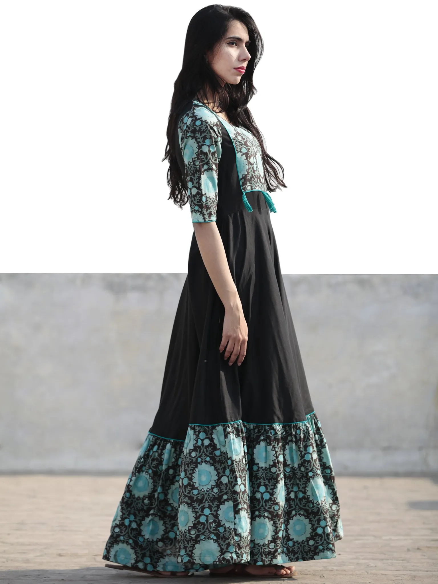 Black Sea Green Hand Blocked Long Cotton Rayon Dress With Tassel - D181F1062